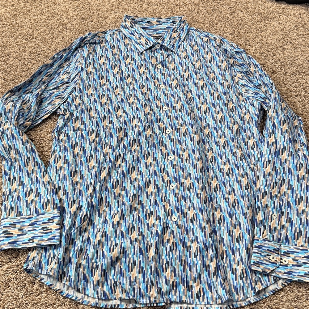 Bugatchi Blue Patterned Men's Long Sleeve Button Up Shirt XL